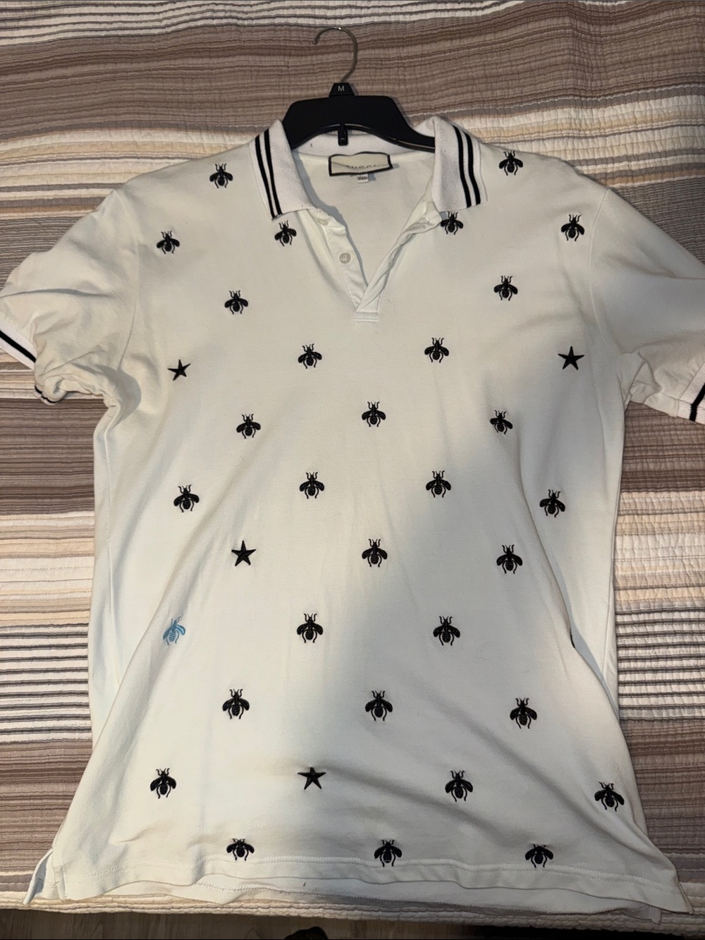 Gucci White Polo Shirt with Black Embroidered Bee & Star Motifs